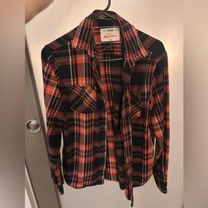 Orange and Black Checkered Flannel Shirt